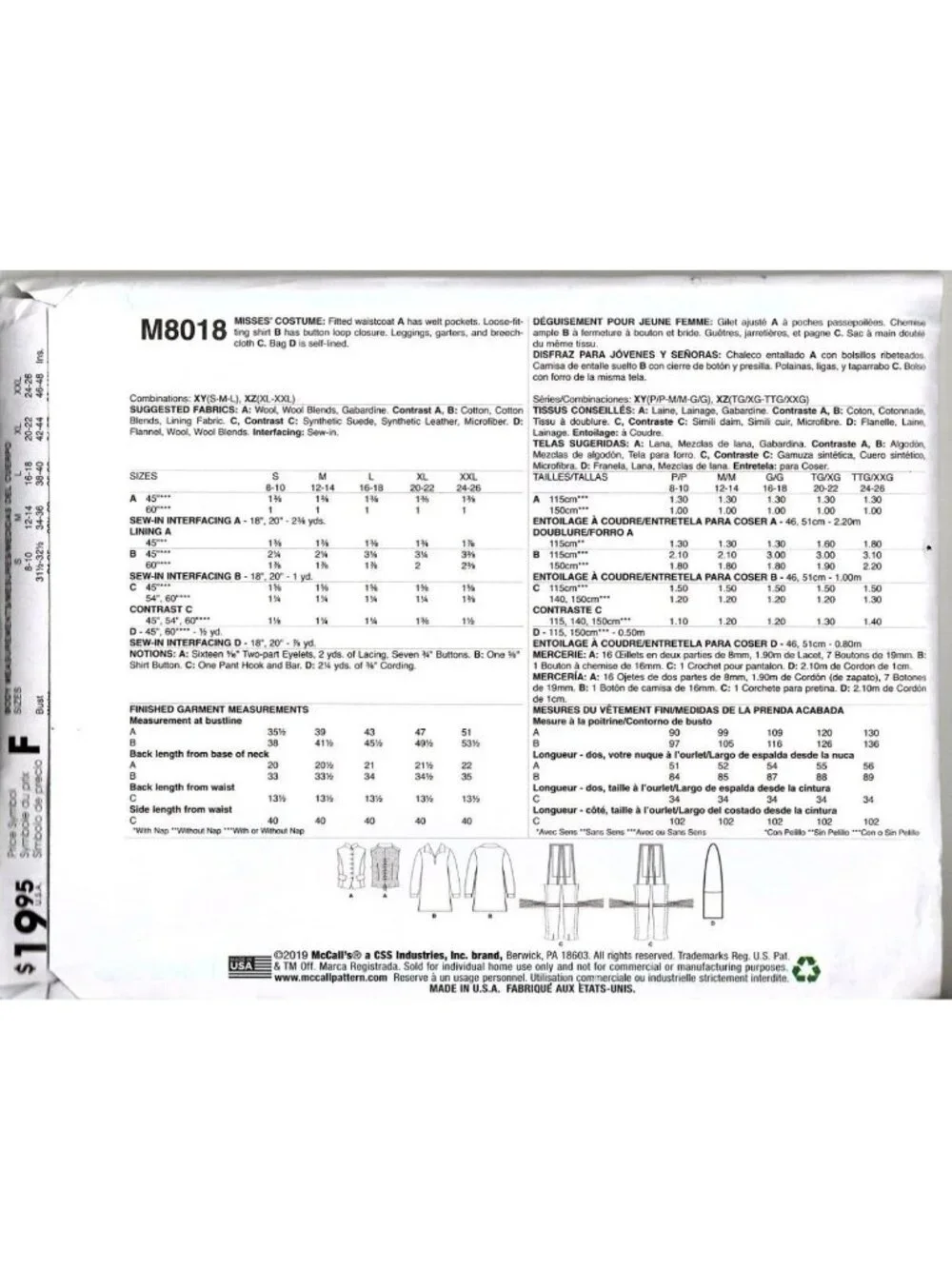 McCalls M8018 Misses XL to XXL Trapper Costume Cosplay Sewing Pattern Uncut
